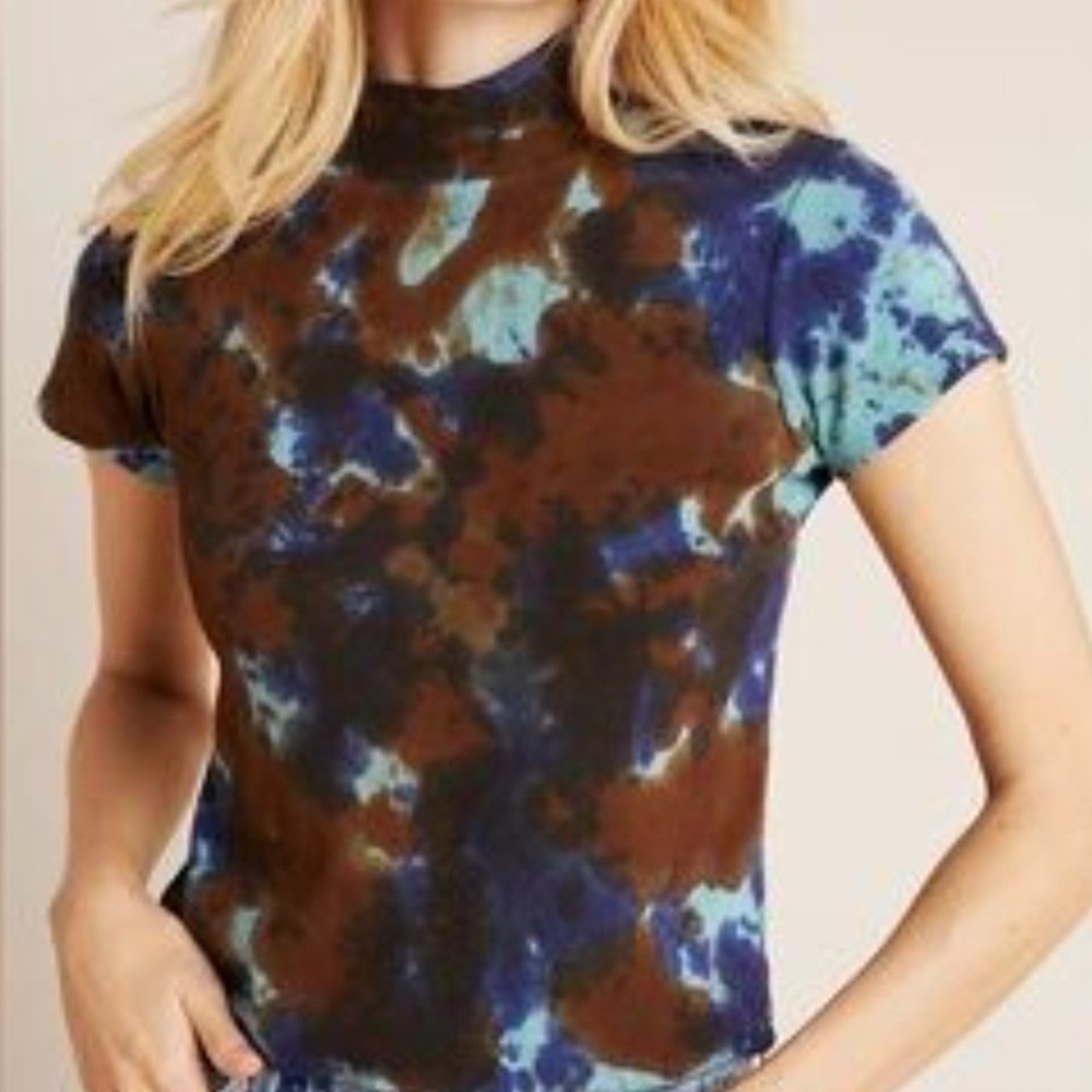 Agolde Anthropologie Womens Ribbed Mock Neck Short Sleeve Tie Dye Top Brown XS